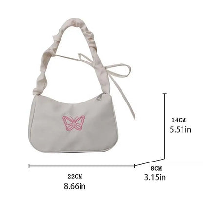 binfenxie Embroidery Bowknot Butterfly Shoulder Bag Y2k Style Ruffle Handle Nylon Bow Tote Bag Makeup Lipstick Bag Handbag