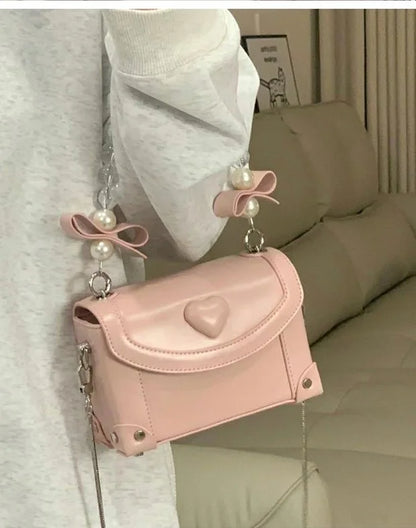 binfenxie Sweet Pink Messenger Bag Women Fairycore Aesthetic Handle Pearl Chain Crossbody Bags Ladies Harajuku Heart Y2k Hand Bag