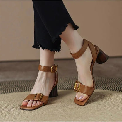 Futurecen  -  Ankle Strap VINTAGE Sandals for Women Open Toe High Heels Sandalias De Mujer Belt Buckle Square Heeled Women Pumps