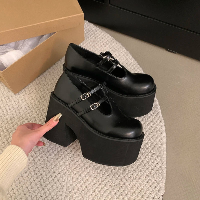 Futurecen Buckle Platform Lolita Gothic Shoes Woman Spring College Style Genuine Leather Pumps Women Japan School Uniform Shoes Thick Heel