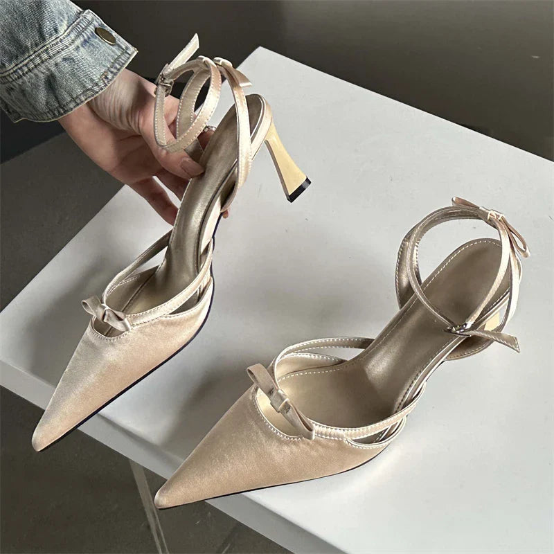 Futurecen 2024 New Design Ankle Buckle Strap Women Pumps Sandals Thin Heels Pointed Toe Shallow Slingback Mules Tacones Mujer