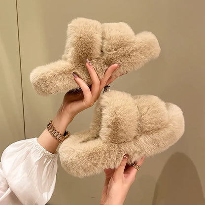 Winter Fluffy Slippers Women New House Home Fur Slippers For Women Flat Platform Cozy Fuzzy Indoor Shoes Korean Slides