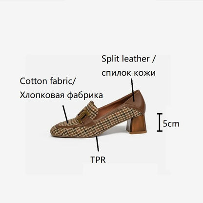 Futurecen  -  Women Loafers Square Toe Chunky Heel Shoes for Women Spring Women Shoes Lattice Women Pumps Cow Leather Handmade Shoes