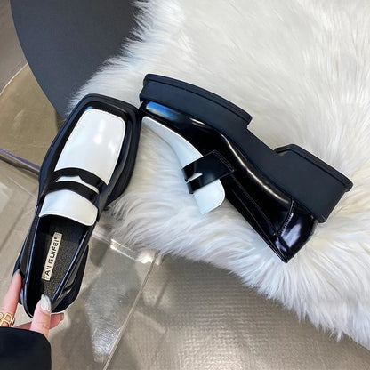 Futurecen  Style Square Toe Loafers Women 2023 Spring Patent Leather Platform Pumps Woman Slip On Thick Heels Oxford Shoes Jk Shoes