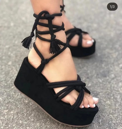 binfenxie Platform Wedge Strappy Sandals Women Fashion Round Toe Cross Tied Height Increase Open Toe Women Sandals