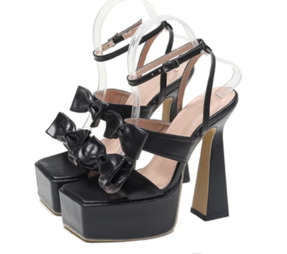 Futurecen  -  Black Silver Bowknot Butterfly-Knot Sandals Open Toe Platform Ultra Very High Thick Heel Pumps Fetish Clubwear Shoes