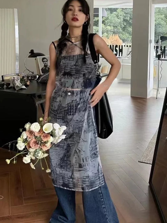 Summer Korean Fashion See Through Women Dress Y2k Aesthetic Newspaper Print O Neck Dresses Harajuku Vintage Sleeveless Vestidos