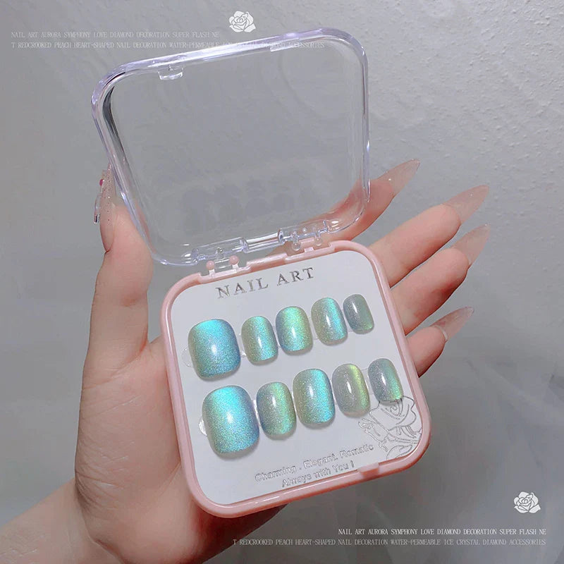 24pcs/box Crystal Cat Eye Shining Diamond Nail Patch Sparkling False Nail Press on Acrylic Nails Handmade Nail Wearing