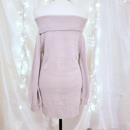 Cottage Fairy 00s Vintage Knitted Dress Japanese Off Shoulder Pullovers Mini Dress Fairy Y2K Kawaii Tie Up Retro Sweater Dress