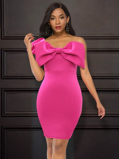 Party Mini Dress Ruffles One Shoulder Big Bowtie Patchwork Sexy Bodycon Women Vestido Celebrate Event Occasion Dinner Night Out