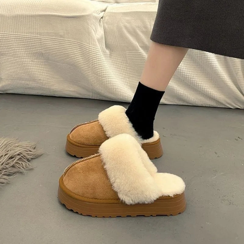 Shoes Woman Plush Slippers For Adults Low Pantofle Platform Fur Flat New Hoof Heels Cotton Fabric Rubber Rome Basic Slides