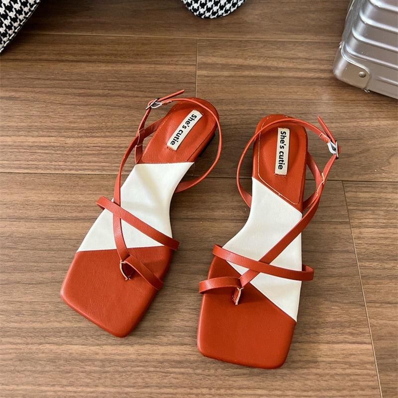 Summer New Mix Color Women Sandal Fashion Narrow Band Ladies Gladiator Shoes Square Low Heel Outdoor Dress Slides