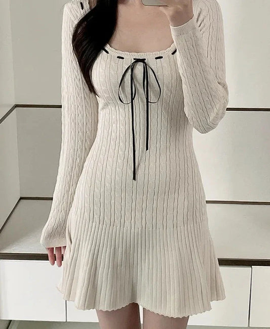 binfenxie Korean Style Solid Lace Up Knitted Dresses Fashion Women Elegant Autumn Winter Bodycon Long Sleeve Mini Sweater Dress