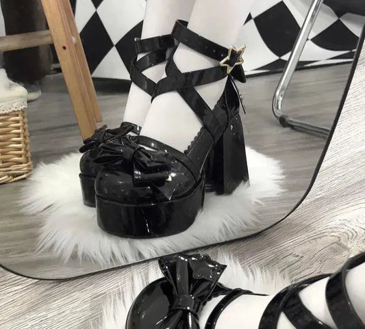 Spring Women Pumps Lolita Mary Jane Platform Chunky High Heel Ladies Sandals Female Sweet Bow-knot Round Toe Ankle Straps Shoes