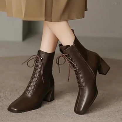 Winter Boots Lady Boots-Women Autumn Shoes Zipper Elegant High Heel Rubber Ankle Solid Basic Casual Square Toe PU Sewing Le