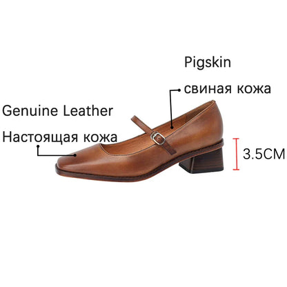 New Genuine Leather Mary Jane shoes Women's Shoes Retro Buckle Shallow Heel Pumps Square Toe Shoes Woman Zapatos De Mujer