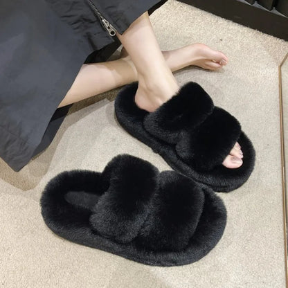 Women Thicken Plush Fur Slippers Winter Slip on Chunky Platform Loafers Mules Woman Thick Bottom Cotton Slippers Flip Flops