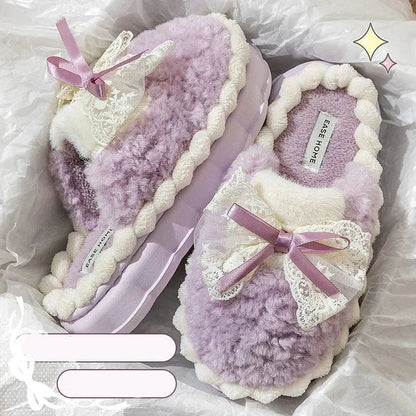 Women's Designer cute Home Platform Shoes  Winter Elegant Warm Furry Bow Slippers Causal Comfort House Bedroom Shoes Slides