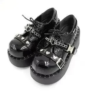 Futurecen  -  Metal Chain Patent Leather Punk Pumps Women Lace-up Designer Chunky Platform Cosplay Shoes Woman Black Gothic Lolita Shoes