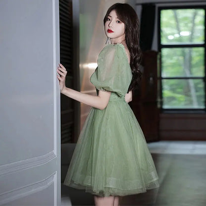 binfenxie Green Sweat Puff Sleeve Lady Girl Women Princess Bridesmaid Banquet Party Ball Prom Short Dress Gown Sexy Bandeau Backless Club