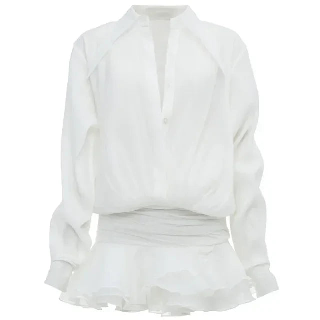 New White Chiffon Dress For Women Casual Ruffled Pleated Mini Dress See-through Loose Oversized Shirt Dress Cover-Up