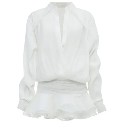 New White Chiffon Dress For Women Casual Ruffled Pleated Mini Dress See-through Loose Oversized Shirt Dress Cover-Up