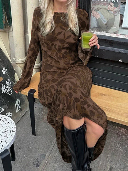 Print Retro Dress For Women Fashion Bodycon High Waist Maxi Dresses Women's Autumn Street Slim Long Dress Femme