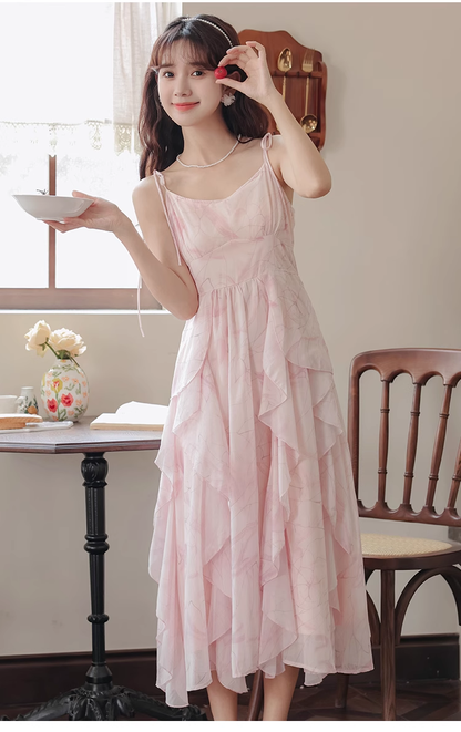 Pink Ruffled Chiffon Suspender Dress for Women Summer HOT1188