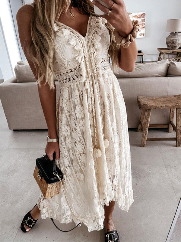 V Neck Broderie Lace Slip Maxi Dress