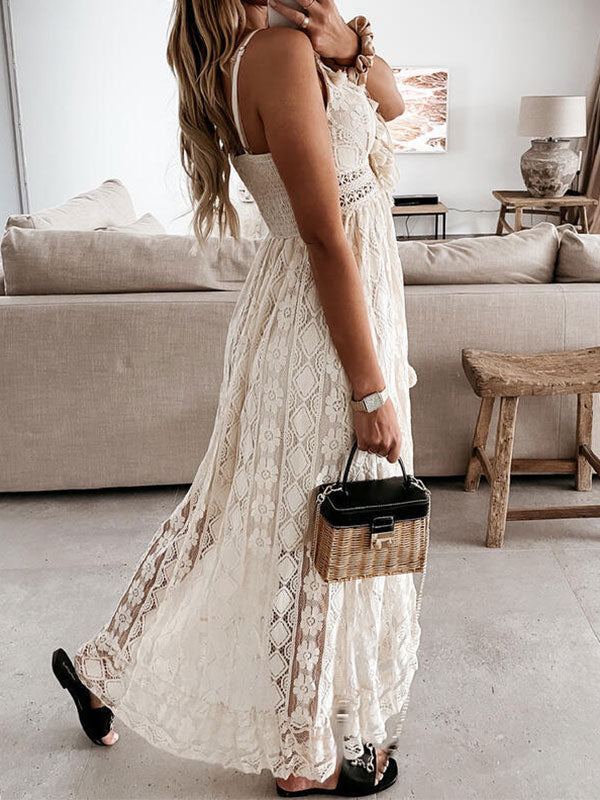 V Neck Broderie Lace Slip Maxi Dress