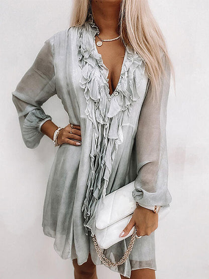 V Neck Long Sleeve Ruffle Midi Dress