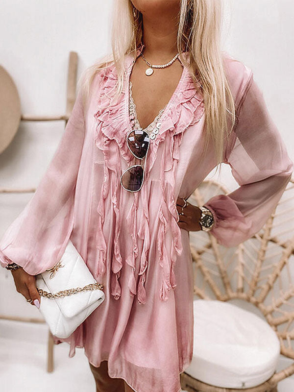 V Neck Long Sleeve Ruffle Midi Dress