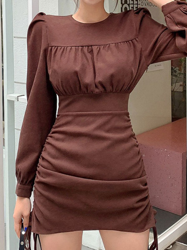 Ruched Drawstring Long Sleeve Midi Dress