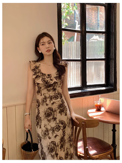 New Retro Round Neck Ruffle Print Dress HOT1180