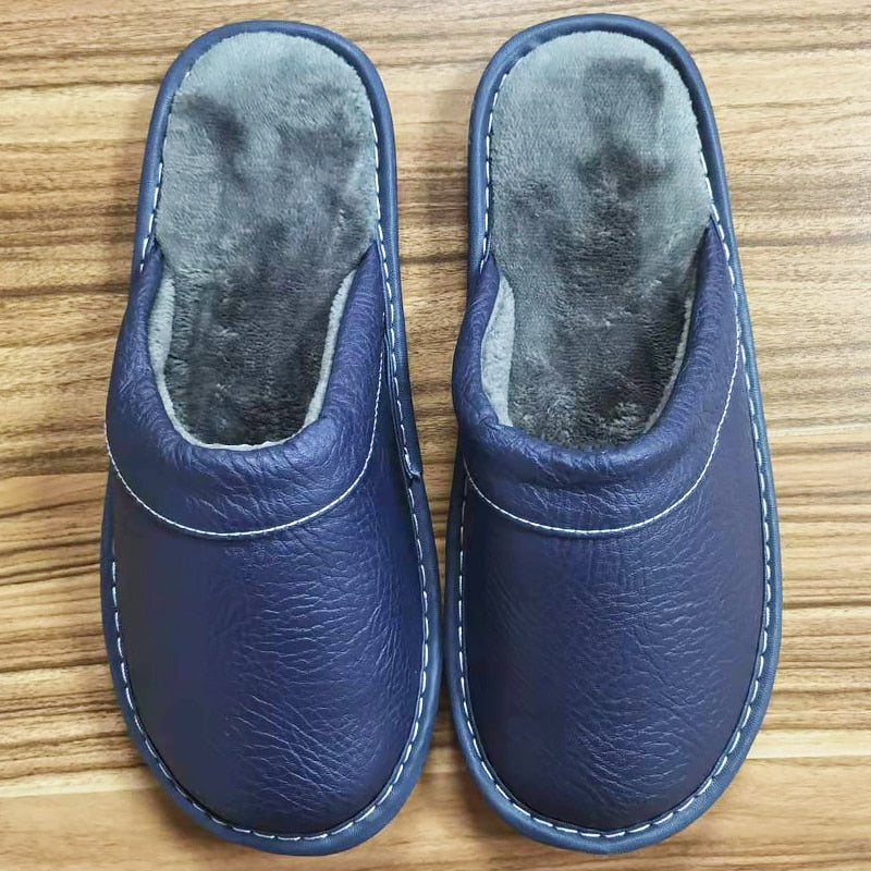 Autumn Winter Indoor Shoes Men's Slippers Plus Size 47 48 Man Concise Navy Blue Slides Simple Leather Home Slippers For Men