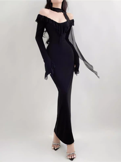 Sexy Black Long Dress - Mesh Ruffles Evening Dress Party Club Robe