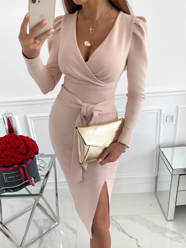 Split Long Sleeve Wrap Midi Dress