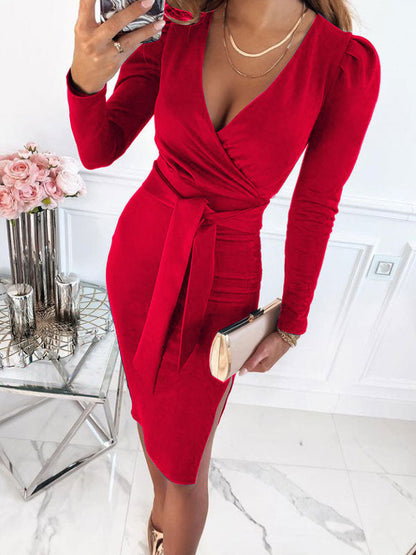 Split Long Sleeve Wrap Midi Dress