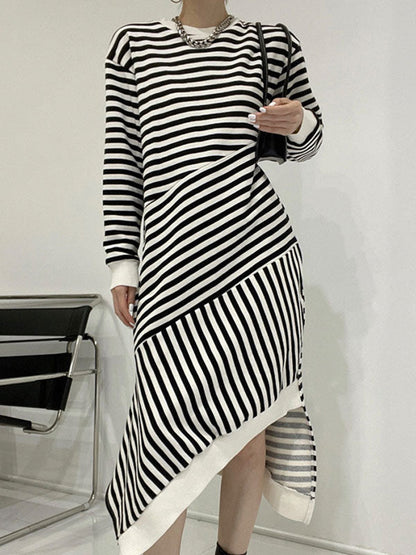 Irregular Split Long Sleeve Striped Maxi Dress