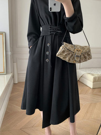 Buttoned Long Sleeve Corset Midi Dress