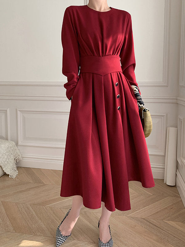 Buttoned Long Sleeve Corset Midi Dress