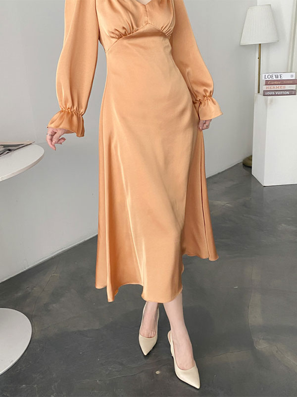 Satin Puff Sleeve Midi Dress