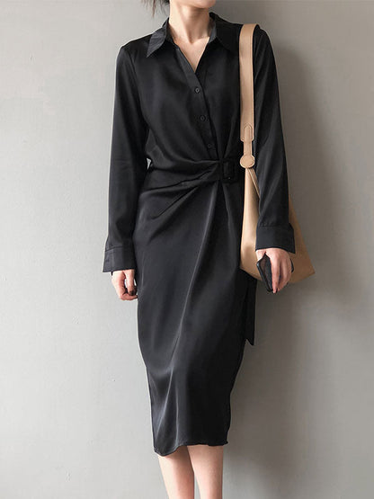 Satin Belted Long Sleeve Shirt Midi Dress