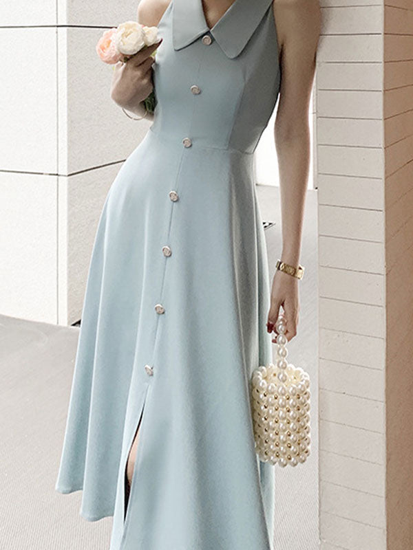 Sleeveless Polo Neck Buttoned Maxi Dress