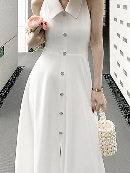 Sleeveless Polo Neck Buttoned Maxi Dress