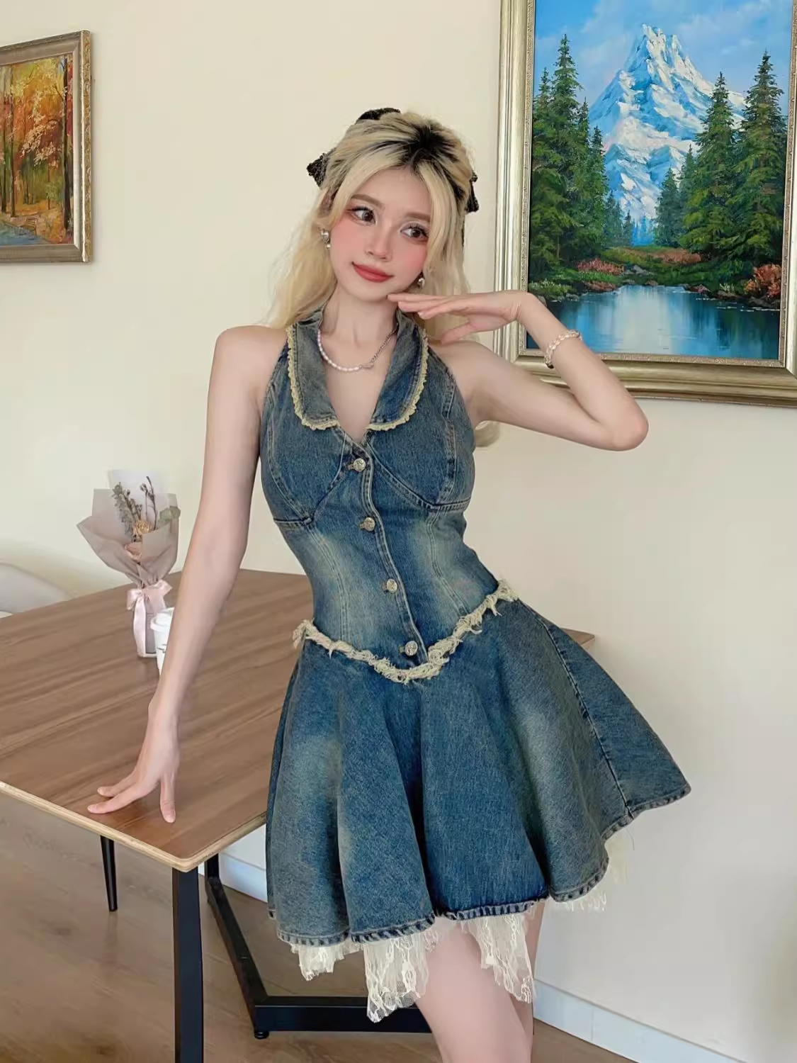 Retro Halter Dress Women's New Summer Denim Dress  HOT1384