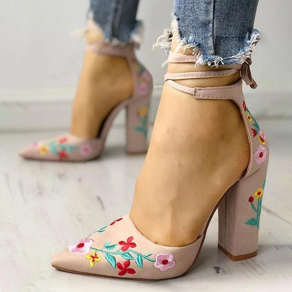 Women Floral Embroidered Heels Summer Pointed Toe Chunky Heeled Sandals Imilybela