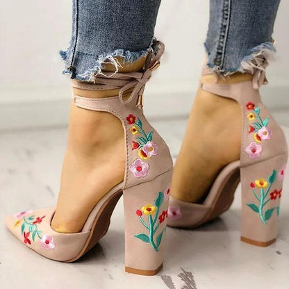 Women Floral Embroidered Heels Summer Pointed Toe Chunky Heeled Sandals Imilybela