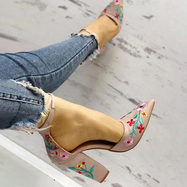 Women Floral Embroidered Heels Summer Pointed Toe Chunky Heeled Sandals Imilybela