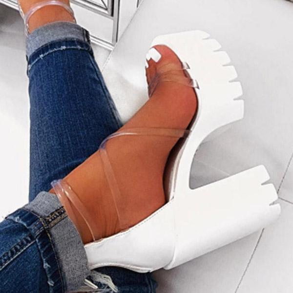 Women Platform Sandals Chunky Heel Zipper Open Toe Strappy See-Through Sandals